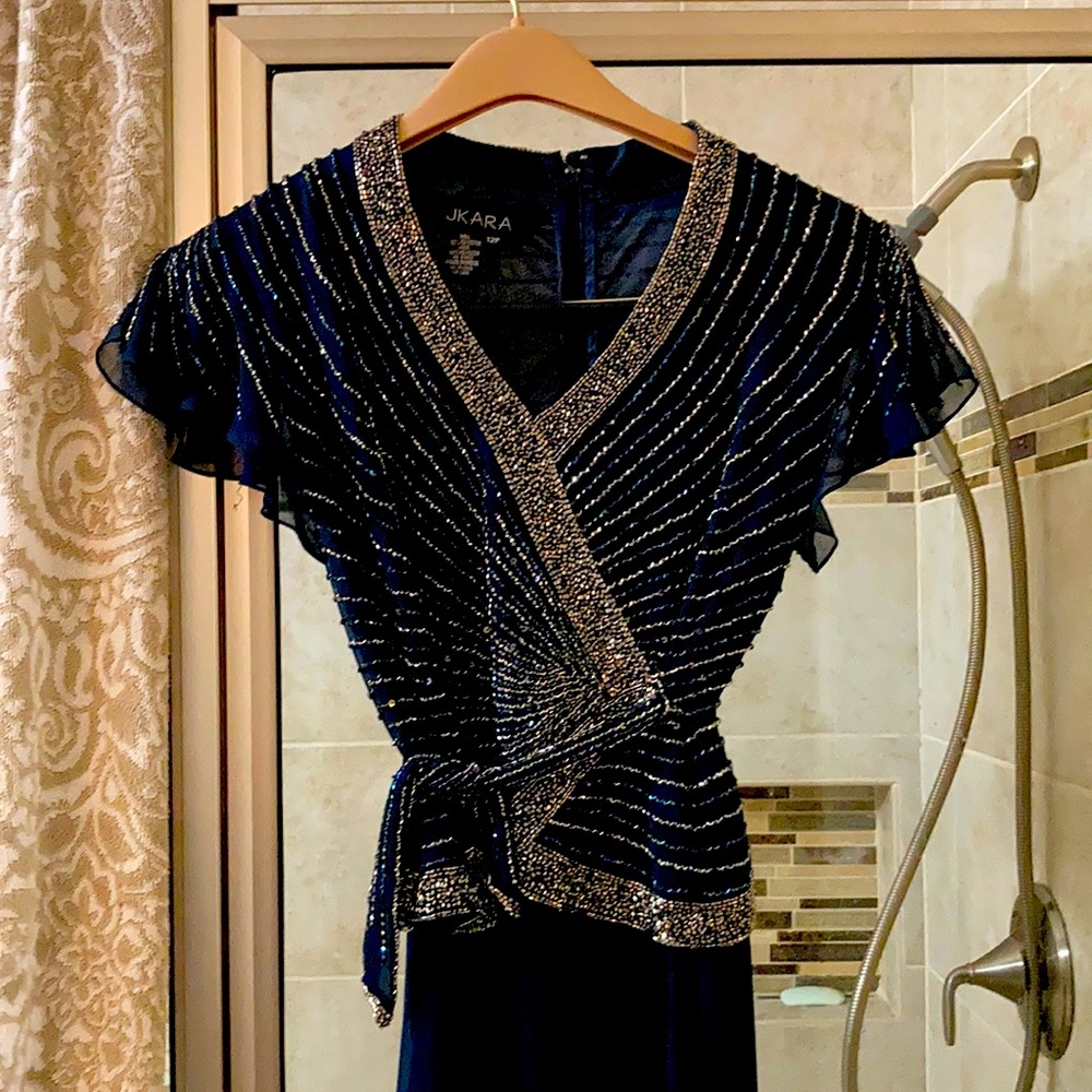 Semi formal long dress, navy, beaded bodice, made in India